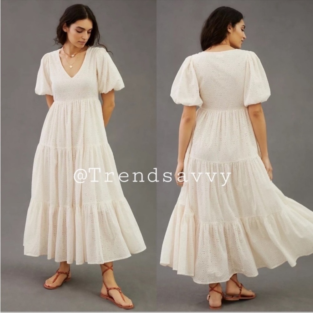 Anthropologie MOTHER Eyelet Puff Sleeve Tiered Maxi Dress White XS NWT Boho